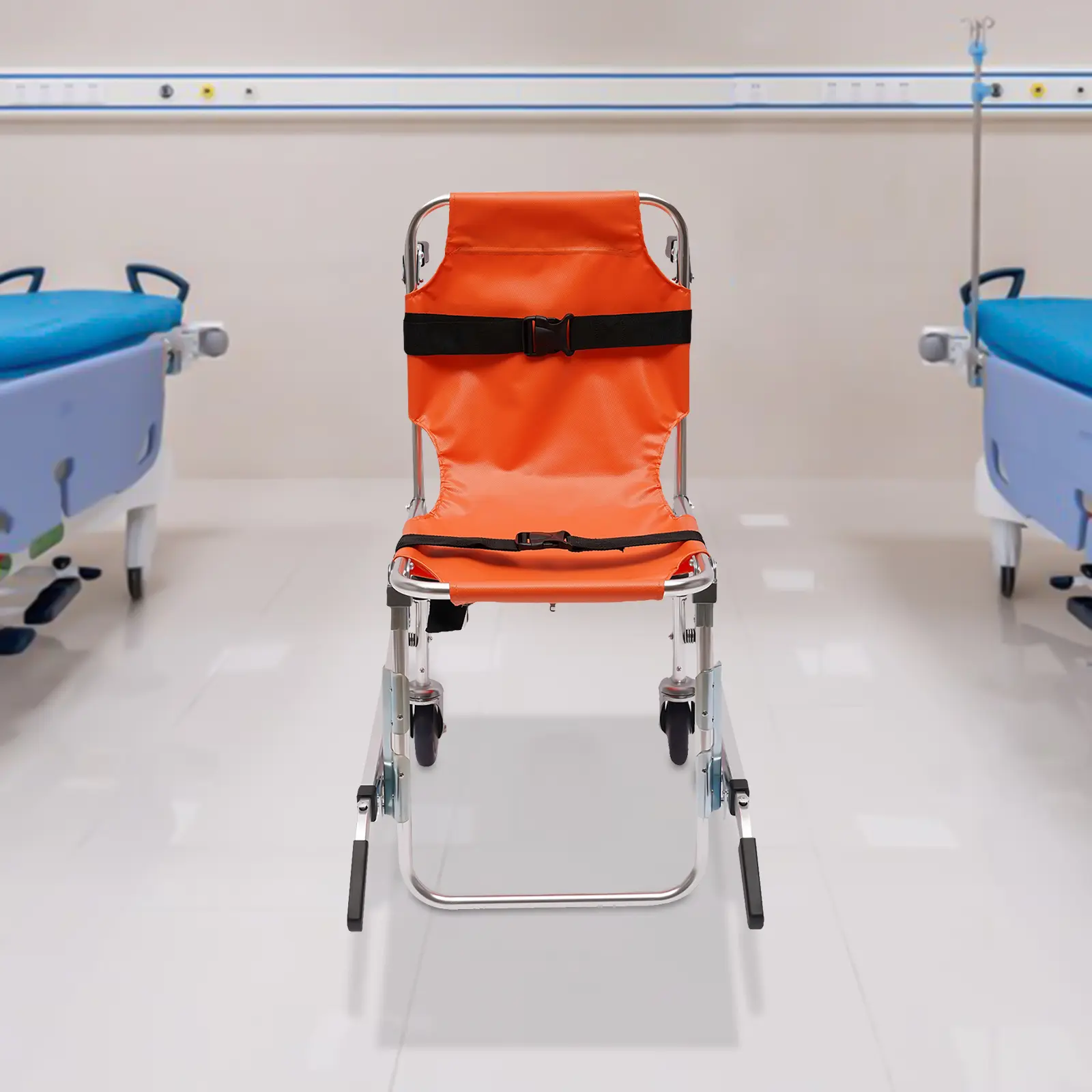 Portable Foldable Aluminum Alloy Emergency Patient Transport Stair Chair - 350lb Capacity, Rubber Wheels, PVC Restraint Straps, Chrome Accents, Retractable Design for Emergency Centers Medical Mobility Supplies, Easy To Clean, No