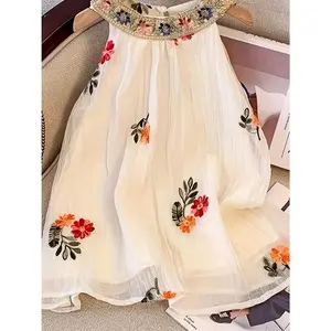 Bohemian Style Flower Embroidery Mesh Overlay Dress |   Sleeveless, Non-Stretch, Flared Hem, Round Halter Neck, Casual Travel Vacation, Little Thin Princess Dress