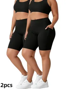 Set of 2 Women'S High-Waisted Shorts with Elastic Waistband And Two Pockets, Black Color Combinations, Suitable for Outdoor Sports, Casual Cycling, Fitness, Yoga, High-Elasticity Machine Washable Solid Color, Super Soft Opaque Athletic Underwear