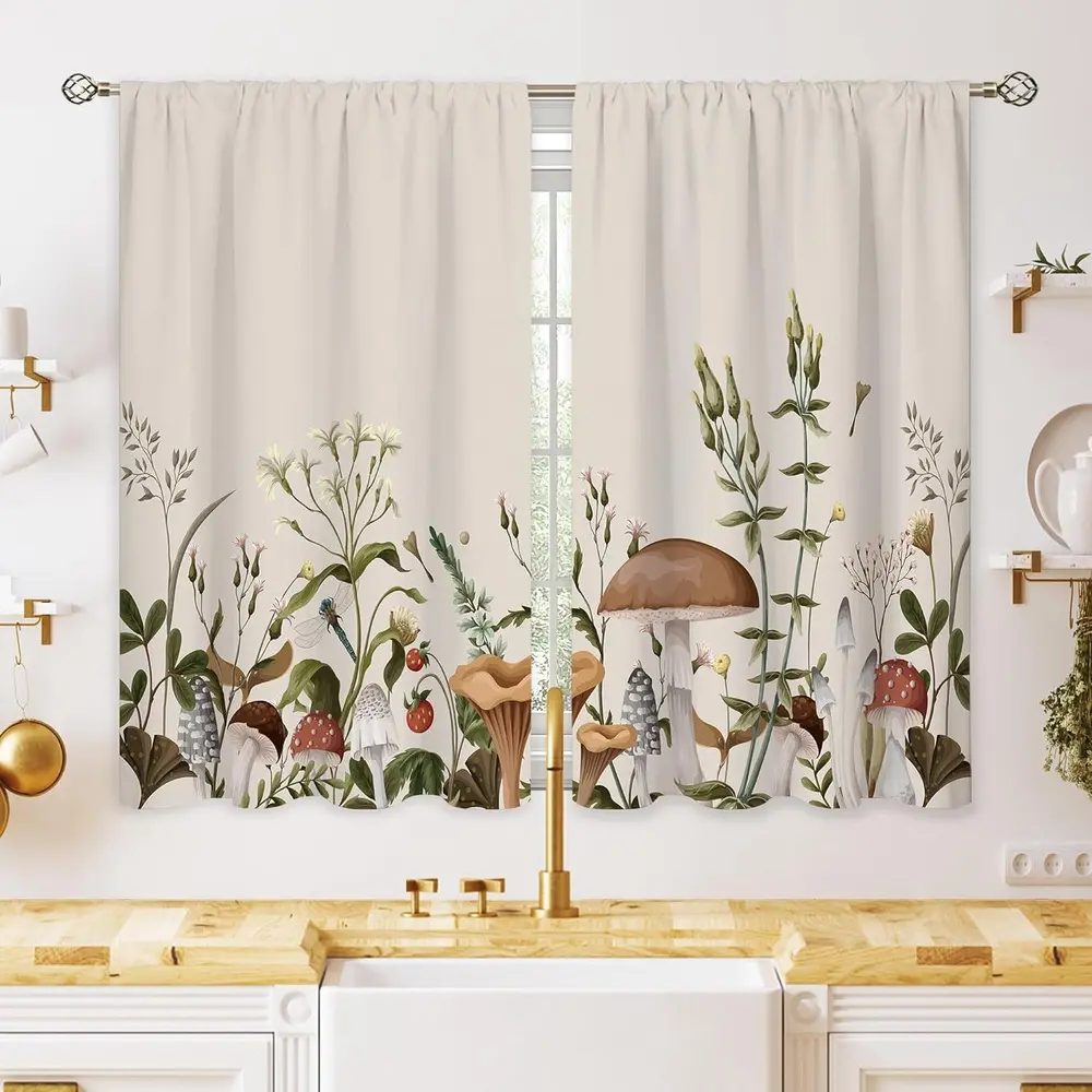 Vintage Mushroom Leaves Botanical Small Kitchen Curtains - Set of 2, 52x63 in Beige Rustic Home Decoration Curtain, Indoor Fabric Drapery with Light Control, Short Tier Drapes, Machine Washable, Hang Dry