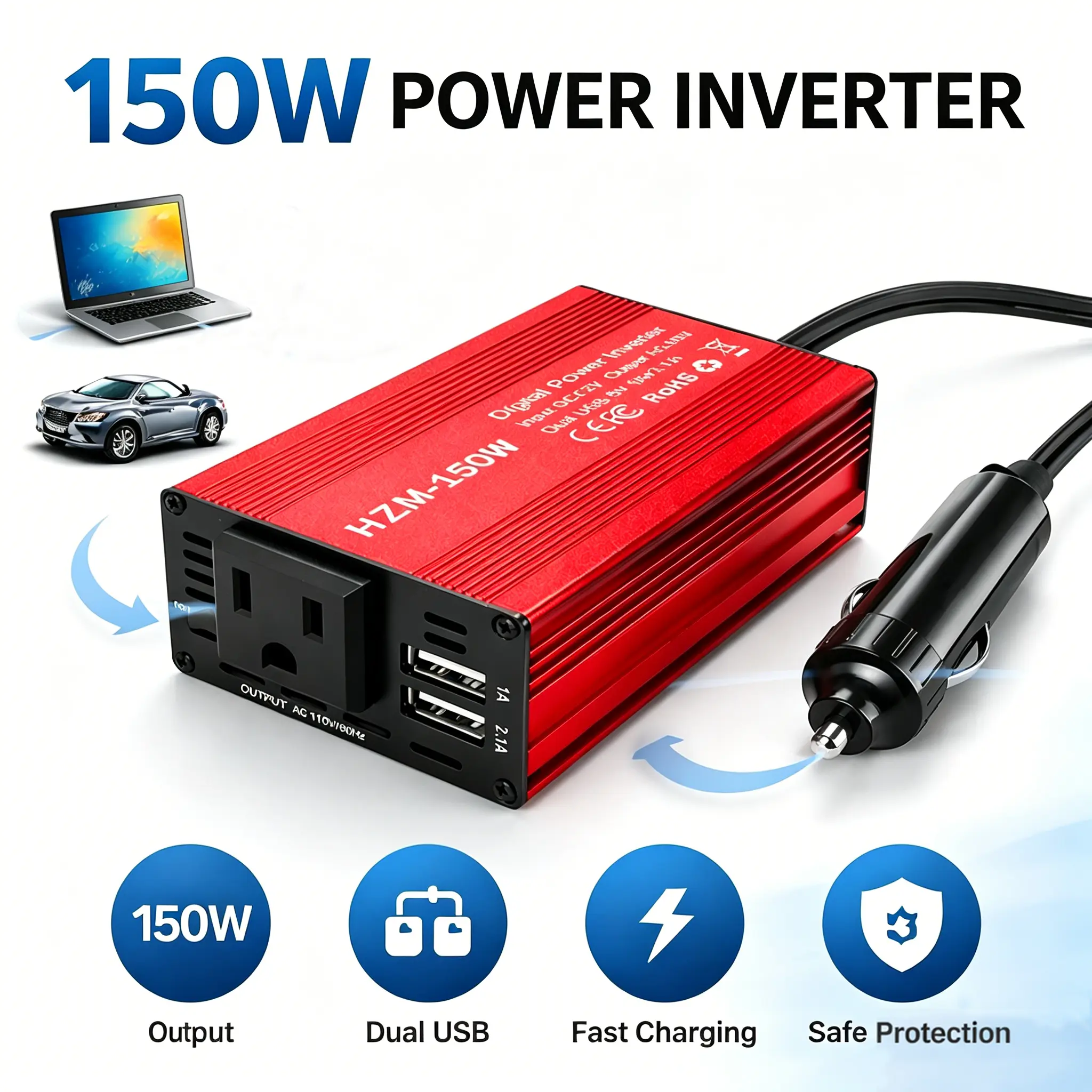 Yocrostar 150W Car Power Inverter - DC 12V to AC 110V Car Accessories, Compact Aluminum Housing, Silent Cooling Fan, USB-C PD 30W Fast Charging, USB-A QC 18W Port, Dual AC Outlets, Easy to Install for Vehicles, Laptops, Car Stuff, Accessories For Car
