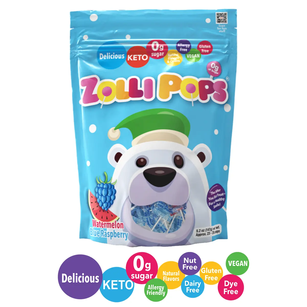 Holiday Zollipops Watermelon & Blue Raspberry 5.2oz Pouch Delicious, Zero Sugar, KETO, Gluten Free, Vegan, Allergy Friendly, No Artificial Dyes, Kosher Candy Snack Sweet