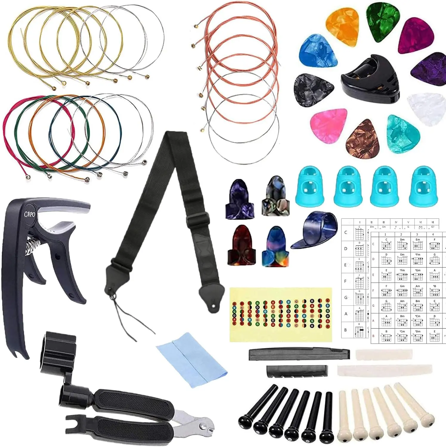 Halloween Fall Gift 61 PCS Complete Guitar Accessories Kit for Beginners – Acoustic Guitar Strings, Digital Tuner, Capo, Strap, Picks, String Winder, Finger Protectors, Bridge Pins, Fretboard Stickers & Repair Tools