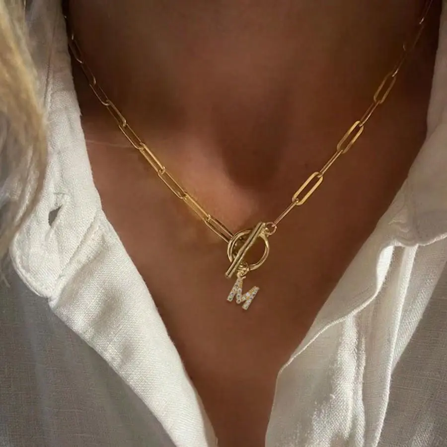 26 A-Z Initial Pendant Necklace Stainless Steel Toggle Clasps Paperclip Chain Choker Letter Necklace For Women Gifts