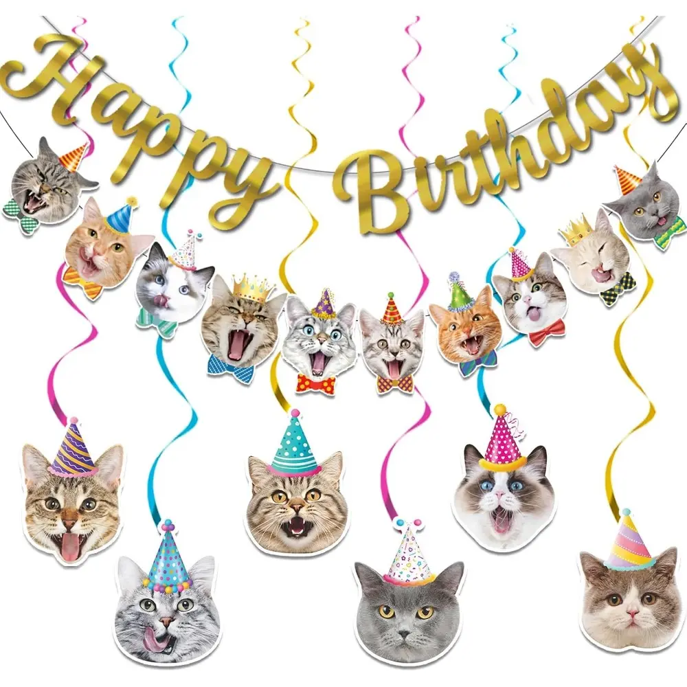 Plastic Colorful Multi-Cat Happy Birthday Party Decorations Set - 5m Long Thick Cardboard Banner, Bright Cat Hanging Cutouts, 6-Spirals Hanging Swirl Decor, Easy Installation, Sturdy, Reusable (Reusability Feature), Quick Setup