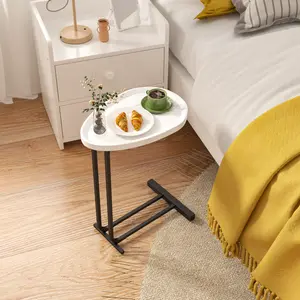 [SOIYELIFE] Modern C-Shaped Side Table with Metal Frame for Sofa Bedside and Living Room Elegant White Wood Design Perfect for Small Spaces