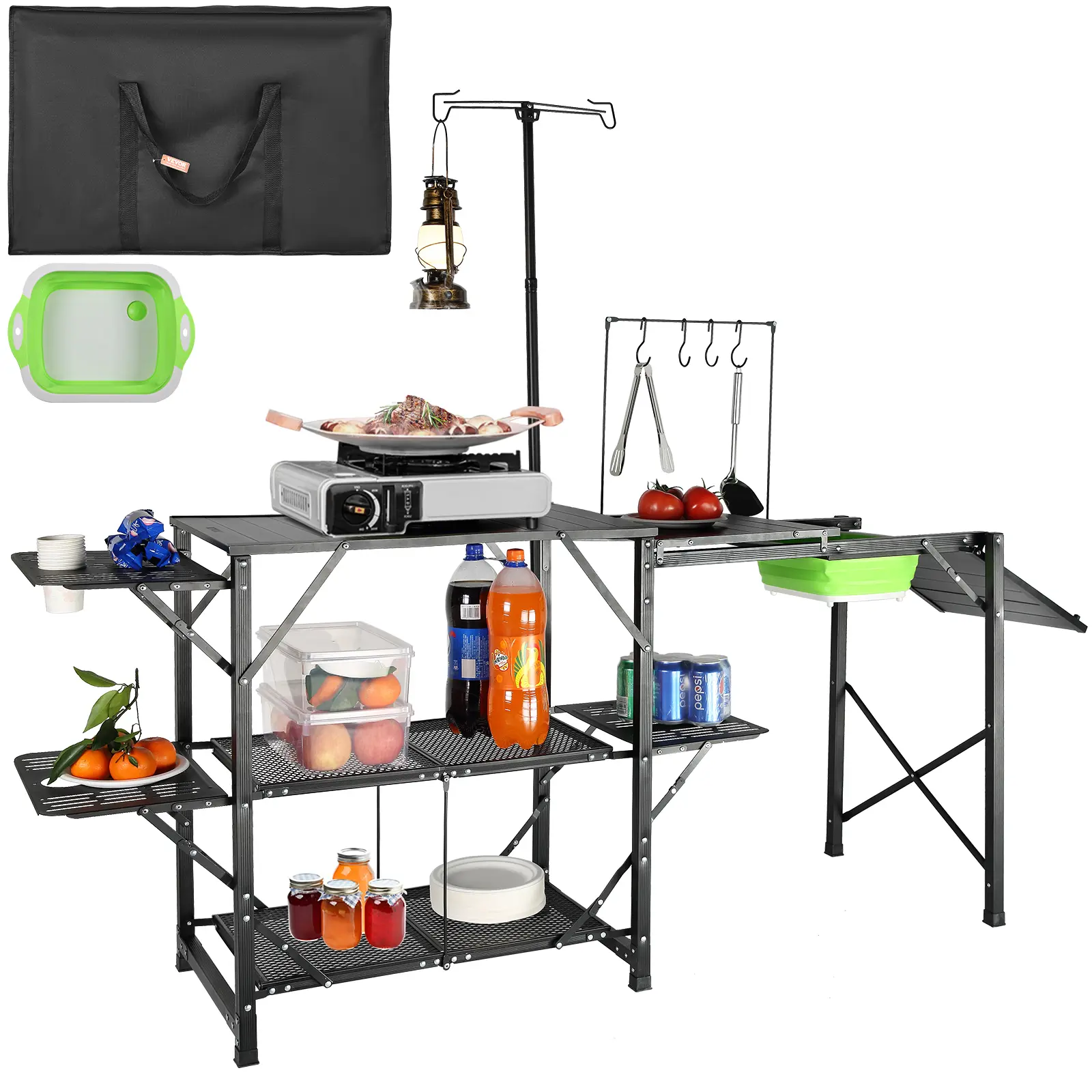 VEVOR Camping Kitchen Table,  One-piece Folding Portable Cook Station with A Carrying Bag, Long Aluminum Camping Table 3 Side Tables, 2 Shelves & A Detachable Sink for Outdoor Picnics, BBQs, Camping