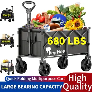 2026 Foldable Wagon with Wheels, Portable Heavy Duty Collapsible Beach Cart - Large Capacity Utility Wagon for Shopping, Sports, Camping，Garden，Grocery - Black