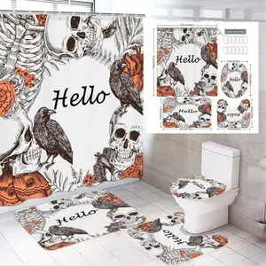 1/4pcs Halloween Shower Curtain Set, Skulls Crows Floral Dark Whimsical Theme with 'Hello' Black White Orange, Matching Toilet Seat Cover, Rectangular & Small Toilet Mats, Bathroom Decor Set for Spooky Macabre Halloween Bathroom Decoration