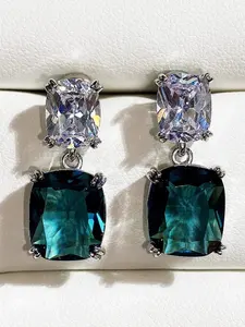 Royal Blue Topaz Earrings for Women, 18k Gold Plated Square Diamond Studs, Evening Wedding Accessories, European Style Jewelry, Statement Earrings
