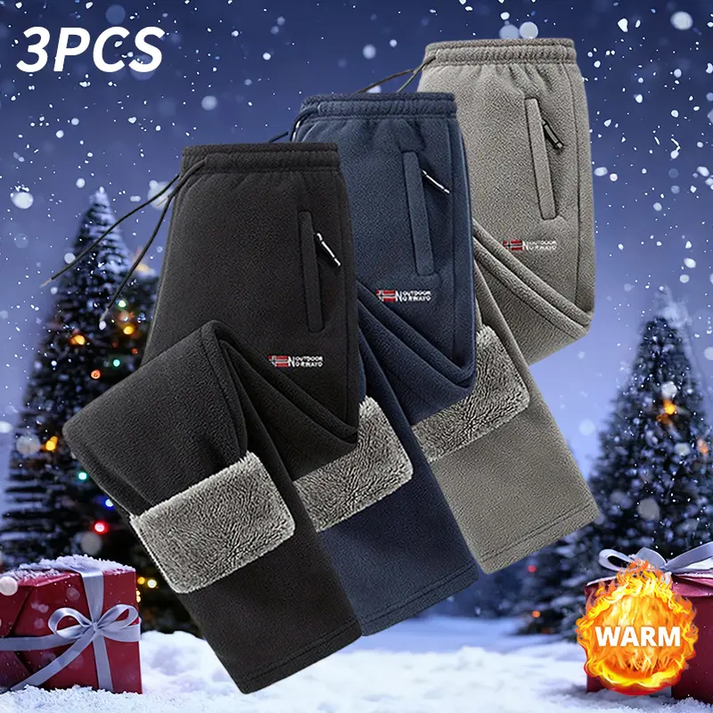 Men's fleece-lined joggers 3-pack with elastic waistband and zippered pockets - thick winter warm-up pants suitable for outdoor runs and casual wear, solid color