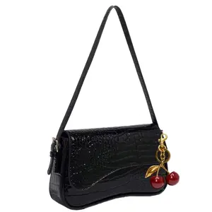 Women Faux Leather Shoulder Bag, Black Crocodile Pattern Square Bag, Versatile Patent Leather Purse, Y2K Crossbody/Underarm Bag, Fashionable Sling Bag, With Cherry Pendant Charm