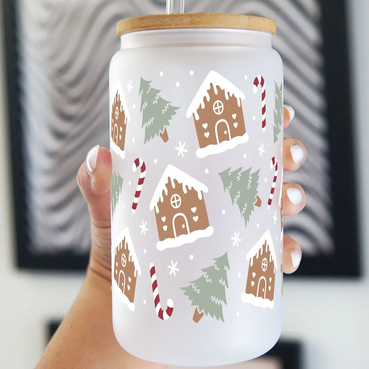 Gingerbread House Christmas 40oz Glass Tumbler with Lid and Straw, Iced Coffee Drinkware, Gift for Her, Acrylic Tumbler, water bottle for women, christmas gift, Reusable, Mug, Portable