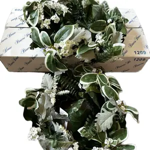 Retired Floral Pillar Ring Set of 2 #1211 with Vibrant Leaves & White Flowers Elegant Accessories for Candle Holders or Vases 9 Inches