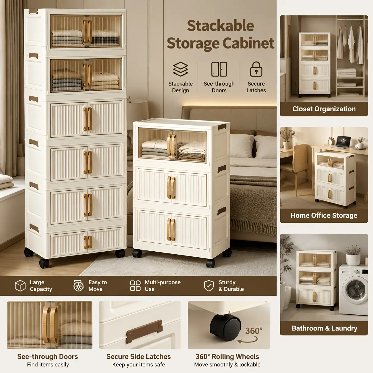 1pc three- or five-layer stackable storage cabinet with transparent door and lockable wheels. Rolling plastic storage rack, foldable storage box, suitable for storing clothes, snacks, etc. Multipurpose, suitable for home and dormitory use.