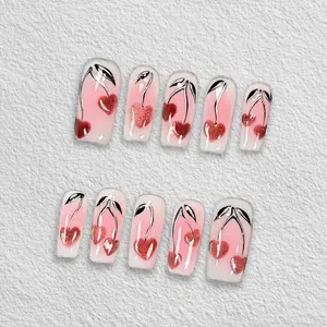 Pressmeon Handmade Press-on Nails | Cherry Love Bite | Medium Squre Shape Collection | 3D Luxury Salon Quality | Reusable & Extra Durable | Eco Package