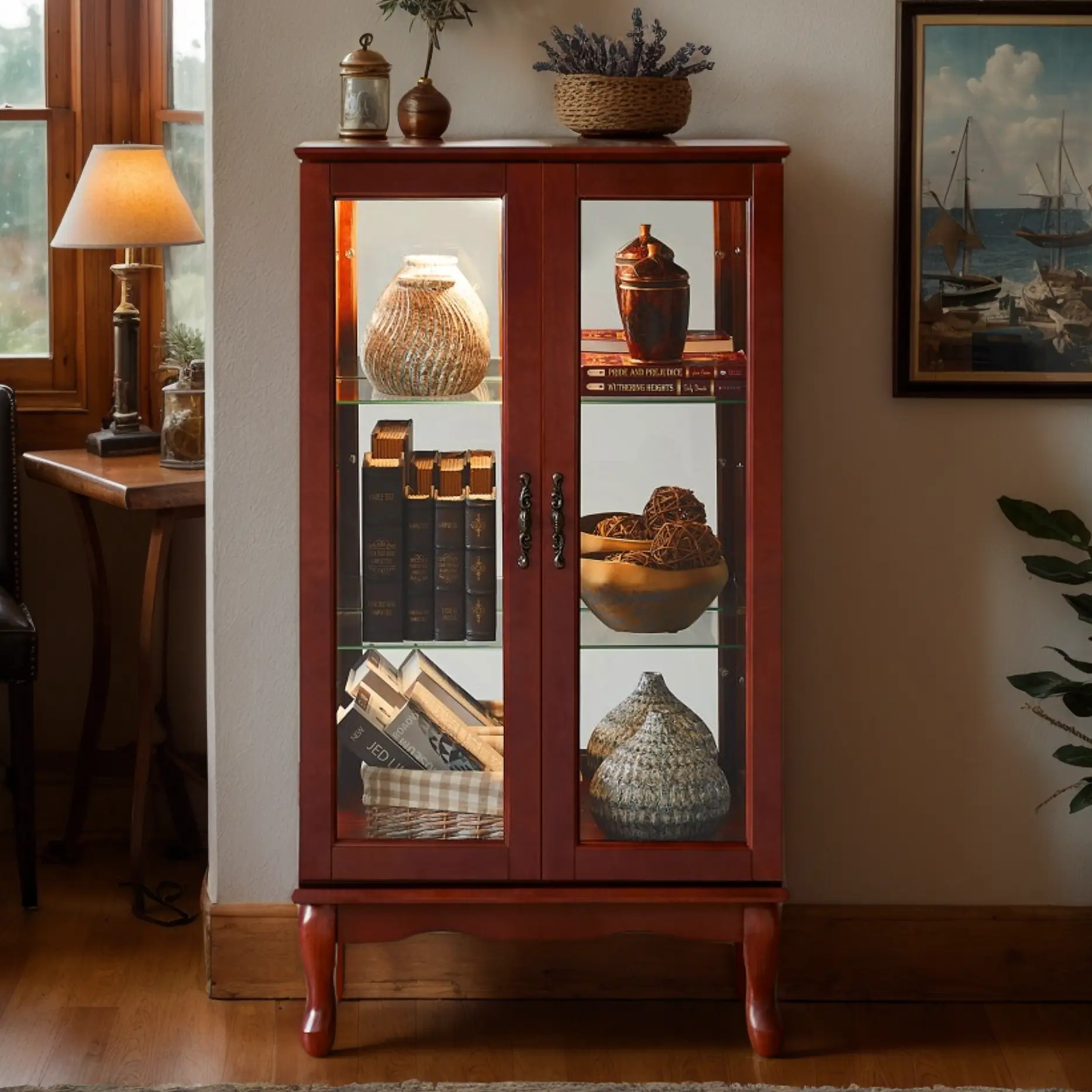 Eyisean 44" Lighted China Curio Cabinet with Adjustable Shelf and Mirrored Back Panel, Glass Display Cabinet with Glass Door, Small Cabinet for Living Room, Bedroom(E26 Light Bulb Not Included）