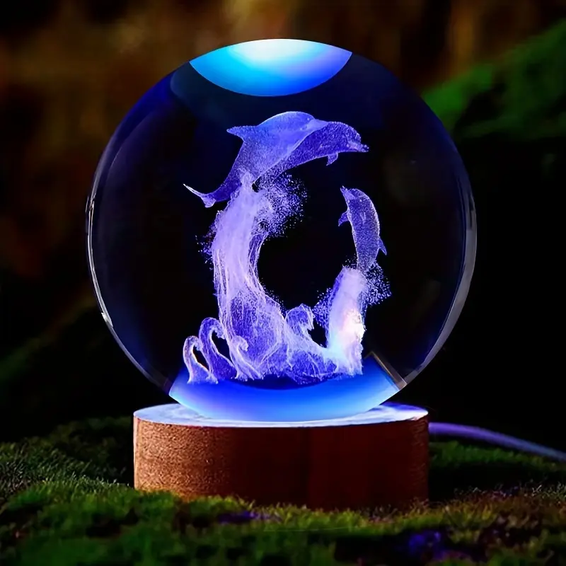 3D Dolphin House Crystal Ball Color Changing Light Up Illuminated Night Light, Holiday Gift for Wife Friend Family, Indoor Bedroom Living Room Decor