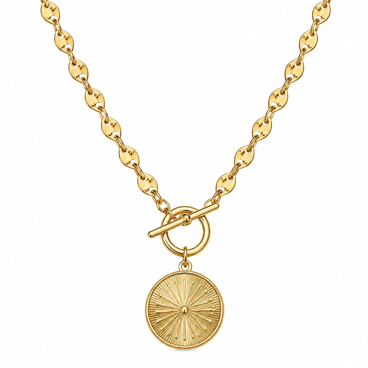 14K Gold Plated Toggle Necklace for Women – Coffee Bean Chain with Sunburst Coin Pendant, Vintage Round Charm, Dainty Statement Jewelry for Daily Wear