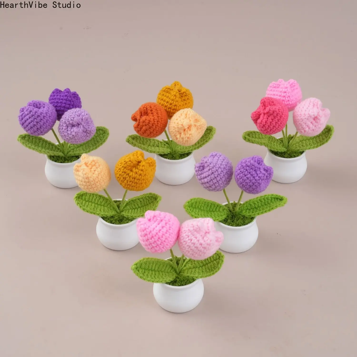 Tulips Crochet Flower Potted Cerative Handmade Knitted Flowers Artificial Flowers Decoration Car Desktop Home Decor