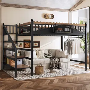 Twin XL/Full/Queen Size Loft Bed with Storage Stairs, Metal Frame with Shelves and Bookshelf, Space-Saving Design for Bedroom Guest Dorms, Black