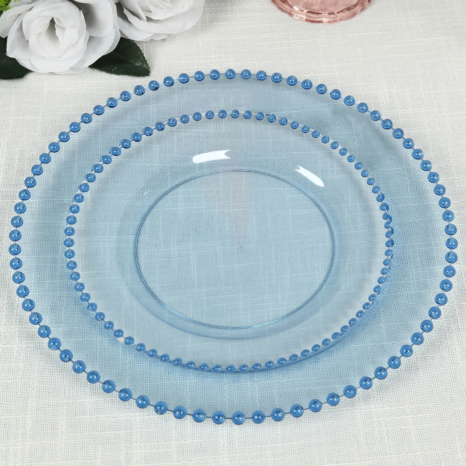 8 in Transparent Plastic Round Elegant Disposable Dessert Plates, 10-Pack Dusty Blue Beaded Rim Party Supplies for Wedding Salad Serving, Salad Serving Plates