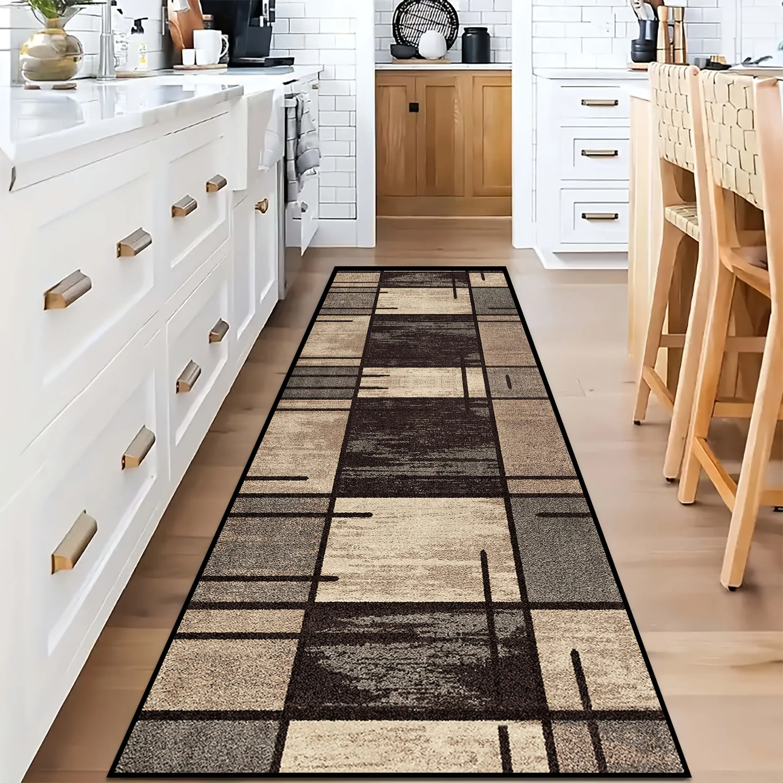 1pc Vintage Checkered Geometric Machine Washable Rug - Thick & Comfortable, Non-Slip, Easy to Clean - Ideal for Hotel Entrance, Living Room, Boho Runner Rug