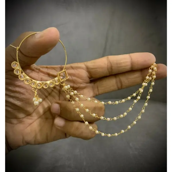 Indian Floral Nose Pin With Sides Beads Chain