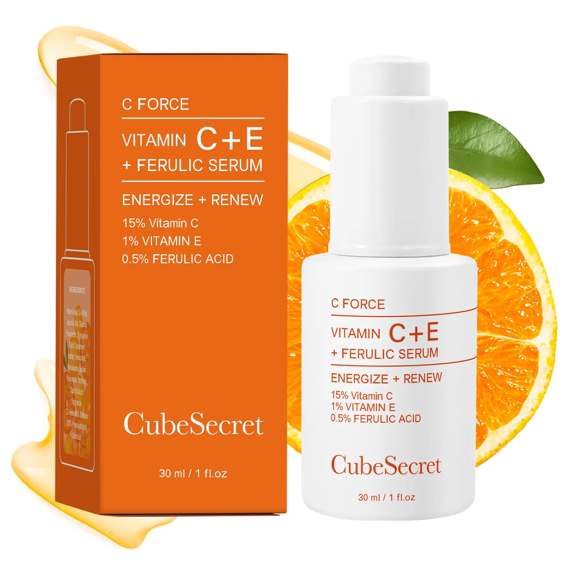 【CubeSecret】Vitamin C+E serum 30ml, 15% Vitamin C, 1% Vitamin E, 0.5% Ferulic Acid. Effectively improves dullness and fights aging, Brightening