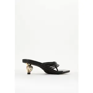 JUSTFAB Women's Fashionable Kitten Heels Sandal Black Strappy Kitten Heel Sandals  Chic Summer Thong Slides