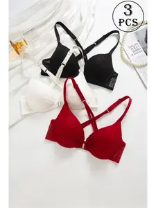 3-Pack Lace Comfortable Sexy Elegant Chic Women's Lingerie, Underwire Everyday Bra with Buckle, Breathable All-Seasons, Medium Support, Fitted Design