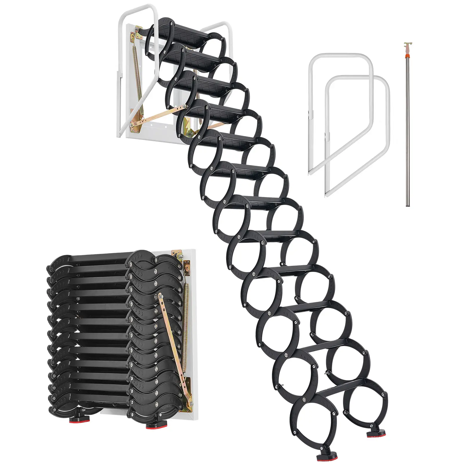VEVOR Attic Ladder Wall-Mounted, 660LBS/299.4KG Capacity, Fits 9.5 to 10 ft Ceiling Height, 12-Step Steel Folding Stairs with Handrails, Pull Down Attic Ladders for Attics, Garages, Roofs, Basements#BacktoSchool