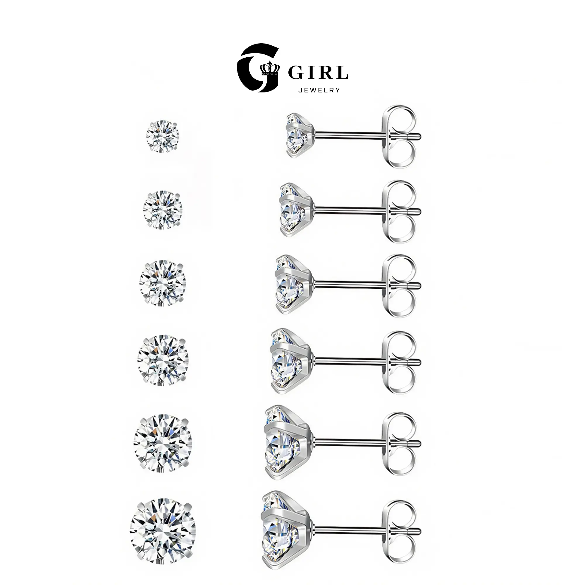 GGIRL Stainless Steel Sparkled  Multi-colour Cubic Zirconia Earring Studs Set for Women Men Size 3mm-8mm Ear Piercing Cartilage Stacked-Layering Earring Versatile Personalized Durable Fashion Ear Jewelry ,Ideal Gift for Her/Him on Daily/Party