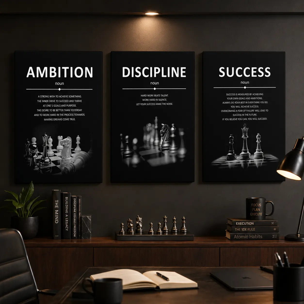 3-Piece Framed Woody Contemporary Art Canvas Wall Art Set - Waterproof Quote Prints, Military-Inspired Polka Dot Motivational Posters, Modern Minimalist Home Decor, Wardrobe Room Accent, Success Gift for Boys