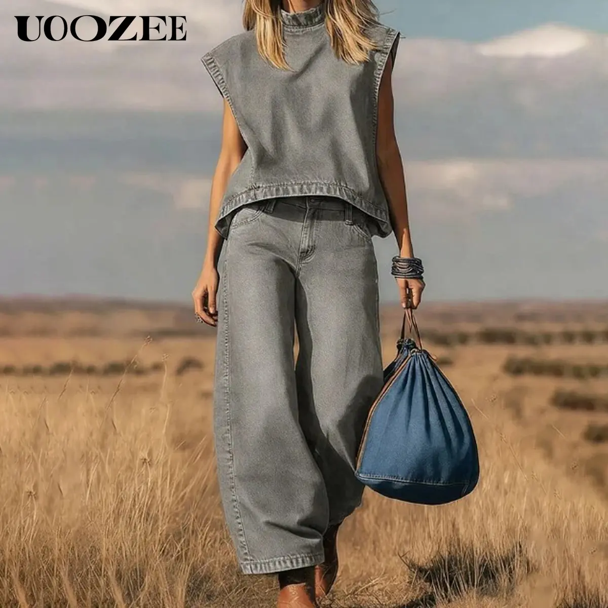 UOOZEE Women's 2 Piece Sets, Simple Vintage Denim Outfit with Cropped Mock Neck Top and Flowy Wide-Leg Pants for Evening, Strappy, Cap Sleeves, Casual Women's Set, Matching Sets For Women, 2 Piece Sets Women