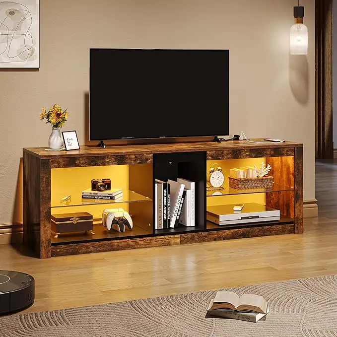 Yitahome TV Stand Cabinet, Wooden TV Stand with Glass Shelf RGB LED Ambient Lights for 55-85 inch TVs, TV Tables with Power strip 220V
