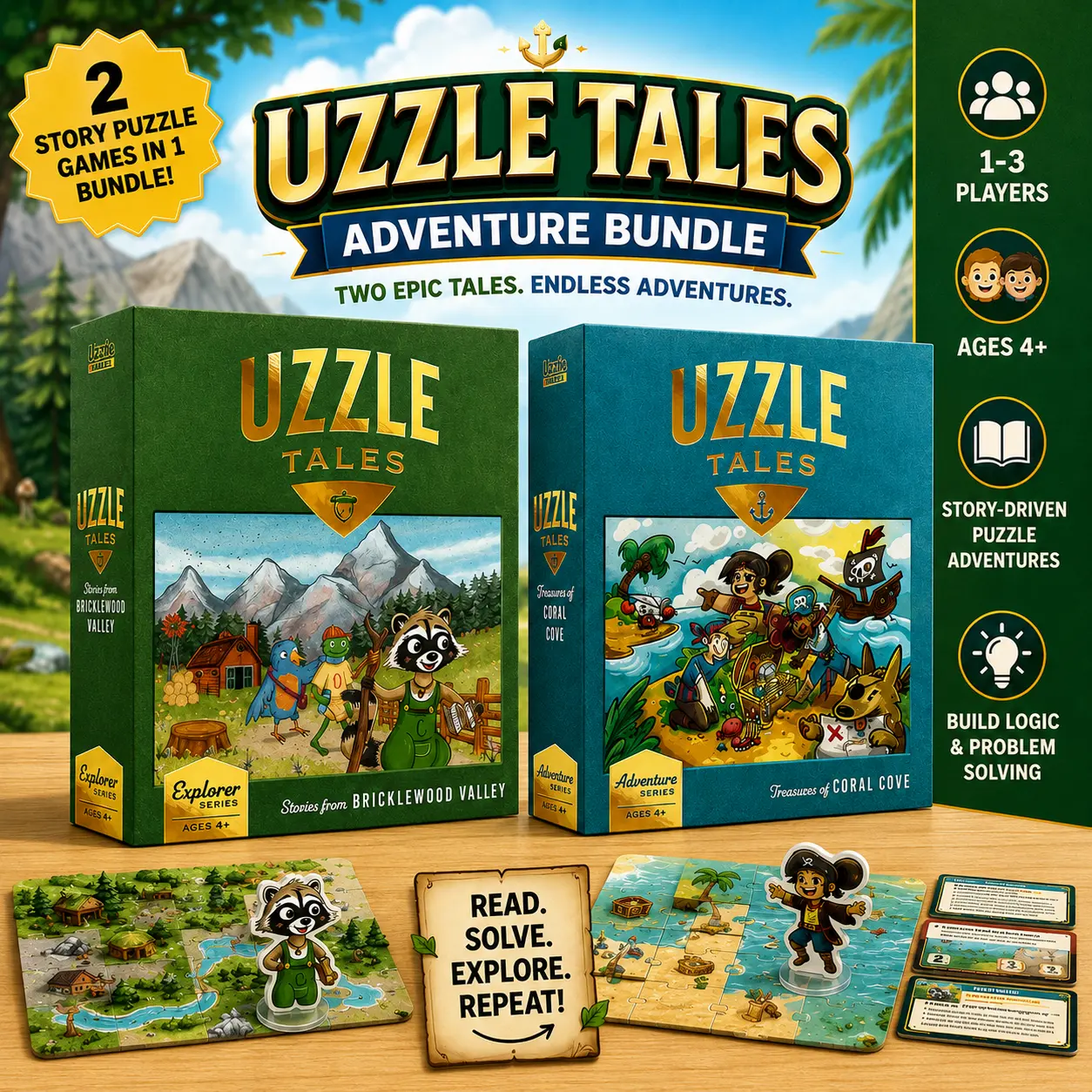 Uzzle Tales Adventure Bundle – Interactive Story Puzzle Games | Bricklewood Valley & Coral Cove | 1–3 Players