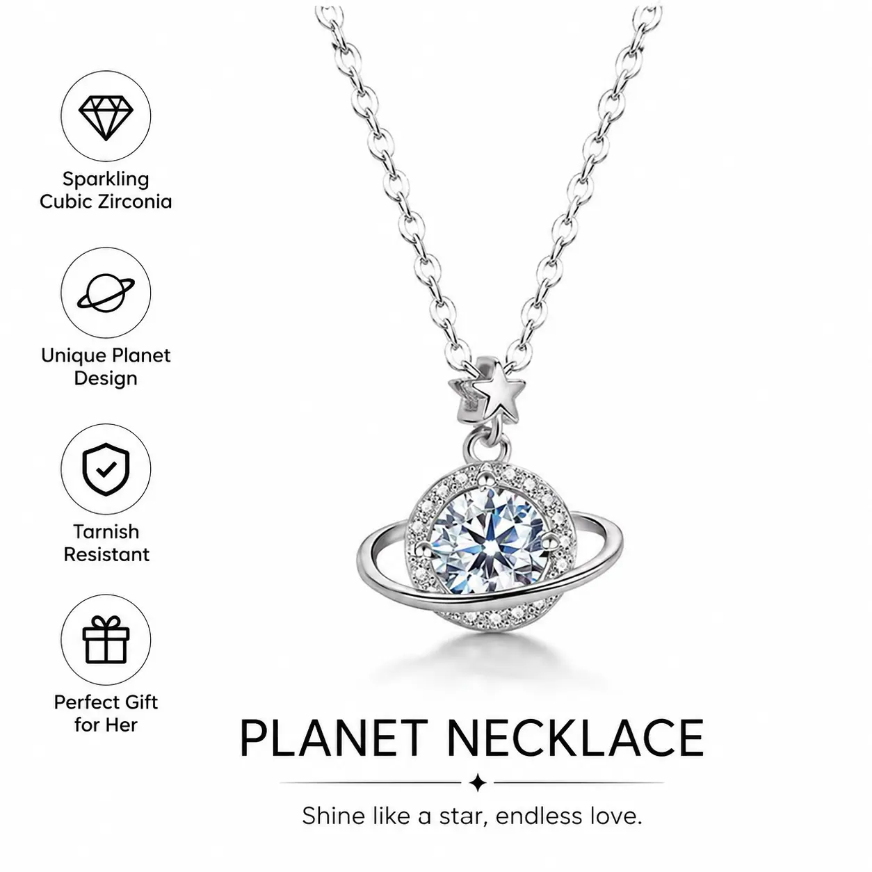 Women's Minimalist Planet Necklace with Sparkling 5A Zirconia Pendant, Hypoallergenic Stainless Steel, 16-20 in Adjustable Chain, Anniversary Gift, Elegant Necklace, Gift-Ready Box, Sparkling Planet Zirconia, Hypoallergenic Jewelry, Birthday, Female
