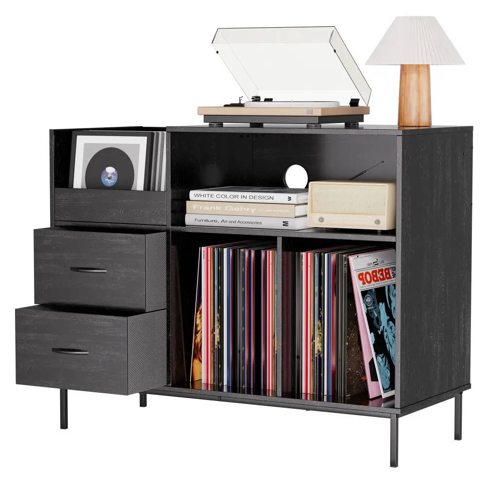 Eco-Friendly Wood Record Player Organizer Stand Cabinet with Power Strip, Vinyl Storage - Wood Cabinets, Multi-Use High Capacity Stand-Alone Indoor Furniture Cupboards, Organizer Stand Cabinets
