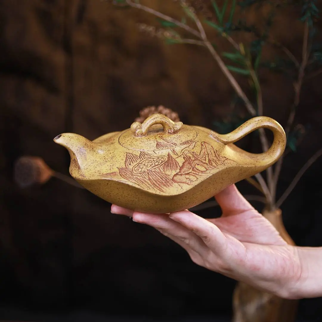 Hand-Carved Lotus Purple Clay Teapot, Classic Design with Irregular Lid and Functional Spout for Tea Brewing (Kitchenware Tea & Coffeeware)