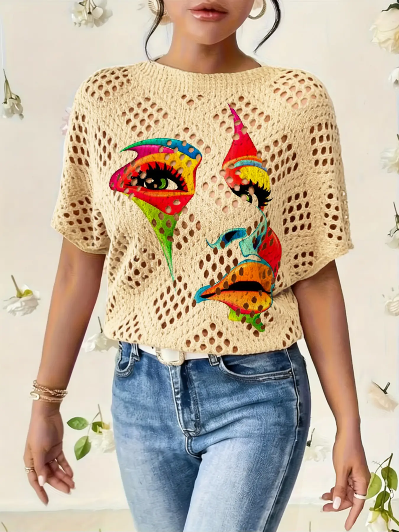 Women's Abstract Colorful Portrait Print Sweater, Fall Winter Casual Batwing Sleeve Knit Top, Comfortable Warm Chilly Weather Apparel