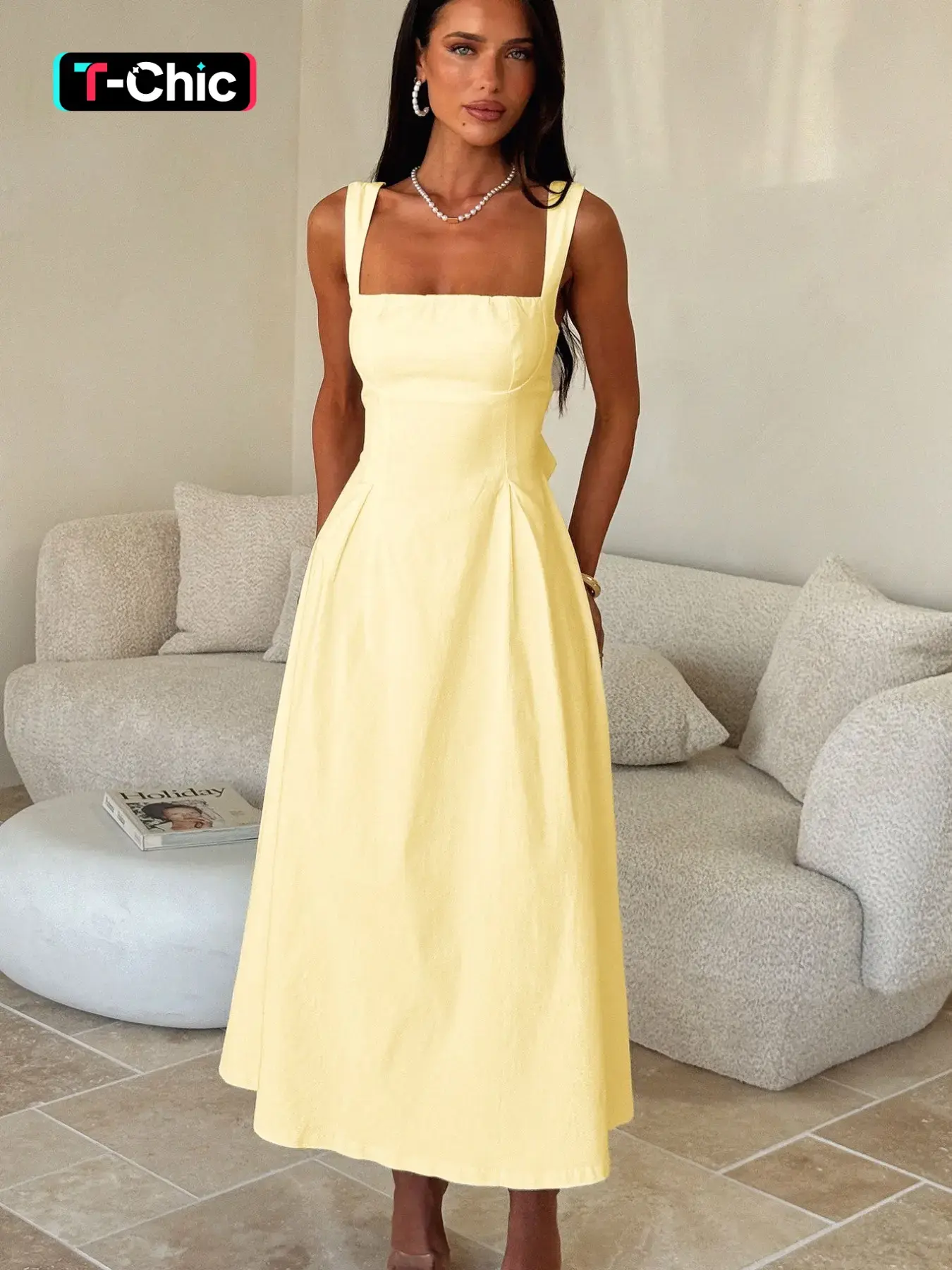 Elegant Vintage Square Neck Back Tie Adjustable Strap Dress, Sleeveless Fitted Strappy Midi Dress, Plain Minimalist Style for Day-to-Evening Casual Women's Wear