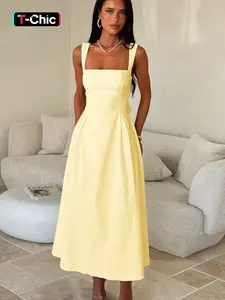Elegant Vintage Square Neck Back Tie Strap Dress, Sleeveless Fitted Midi Dress, Casual Plain Style Day Evening, Women's Fashion Clothing, Casual Wear, Womenswear