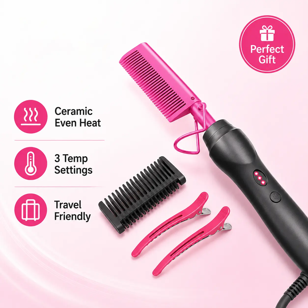 Ceramic Electric Hot Comb Hair Straightener - Pressing Comb for Natural Black Hair, Beard, Wigs, Pink Holiday Gift Option