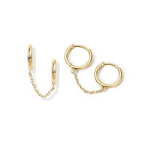 Golden Earrings for Women| Double Piercing Dangle Chain Huggie Hoop Earrings| Cubic Zirconia Single Stud Ear Cuff Earrings for Women