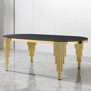 79.53" Black Glass Top oval Dining Table with gold stainless Steel Base for 8 seats, Multi-Purpose Table for Writing, Dining, and Workstation, Suitable for Office and Home Office Use