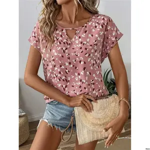 sRoundNeckShortSleeveHollowOutAlloverPrintCasualShirt tiktokLUNEWomen ShortSleeveTops