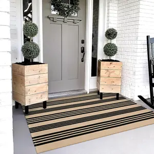 Outdoor Rug 3'x5', Black and Tan Area Rug Machine Washable Rugs Cotton Hand Woven Entry Rug Indoor Outdoor Striped Carpet for Front Porch/Deck/Backyard/Camping/Living Room