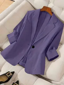 A women's plain lapel single-breasted one-button mid-sleeve double-pocket fitted Tailored Blazer suit jacket, suitable for spring and autumn seasons suitable for office and daily wear Womenswear