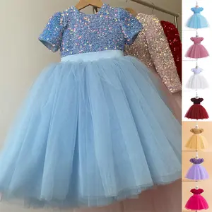 Sequins Kids Clothes 5316 White Flower Girls Frock Ball Gown Pageant Children Elegant Princess Prom Host Formal Evening Party Cocktail Dress 3-8Y